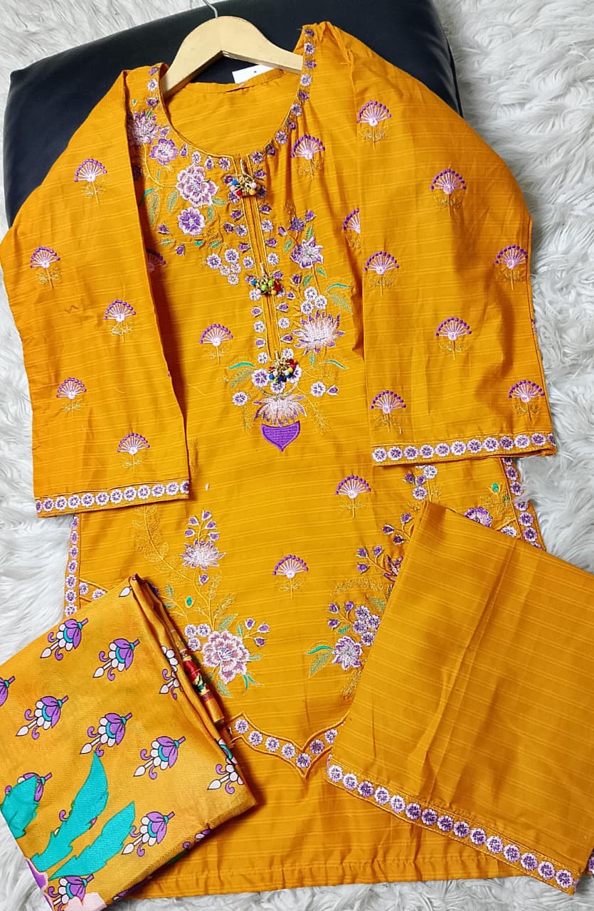 3 PIECE - EMBROIDERED COTTON SUIT WITH SHAWL
