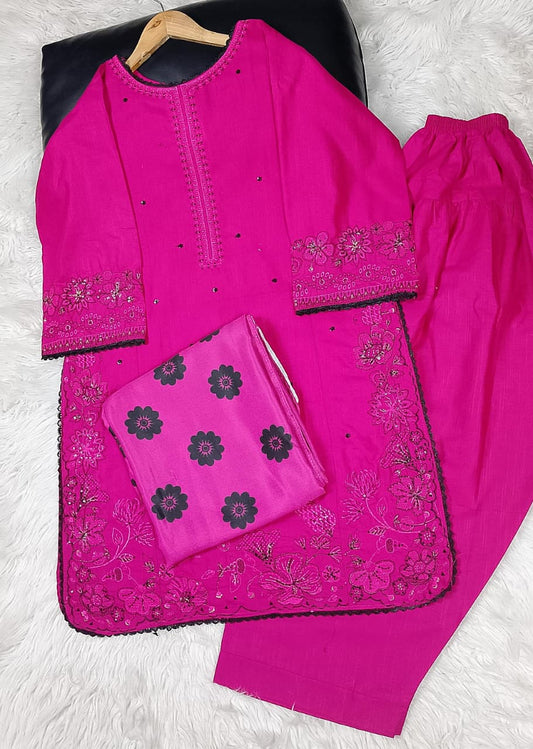 3 PIECE - EMBROIDERED FARSHI SHALWAR KHADDAR SUIT