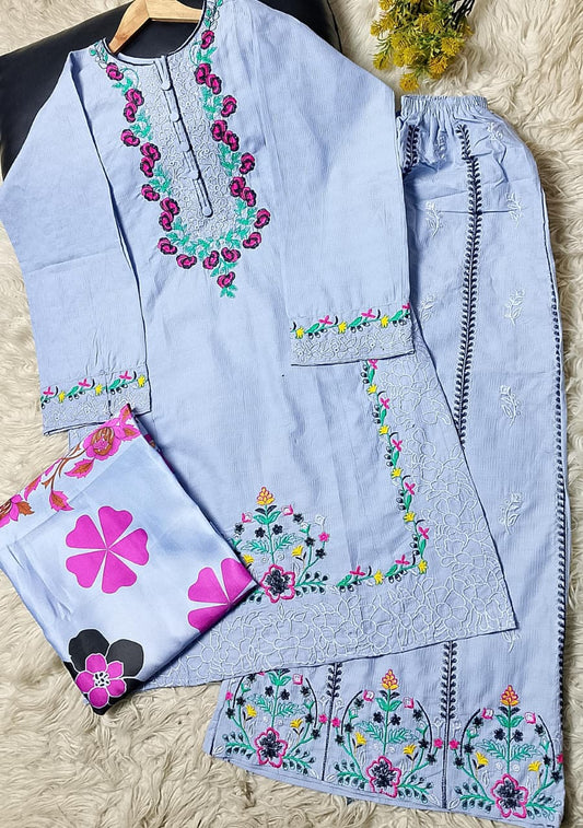3 PIECE - EMBROIDERED COTTON SUIT WITH SHAWL