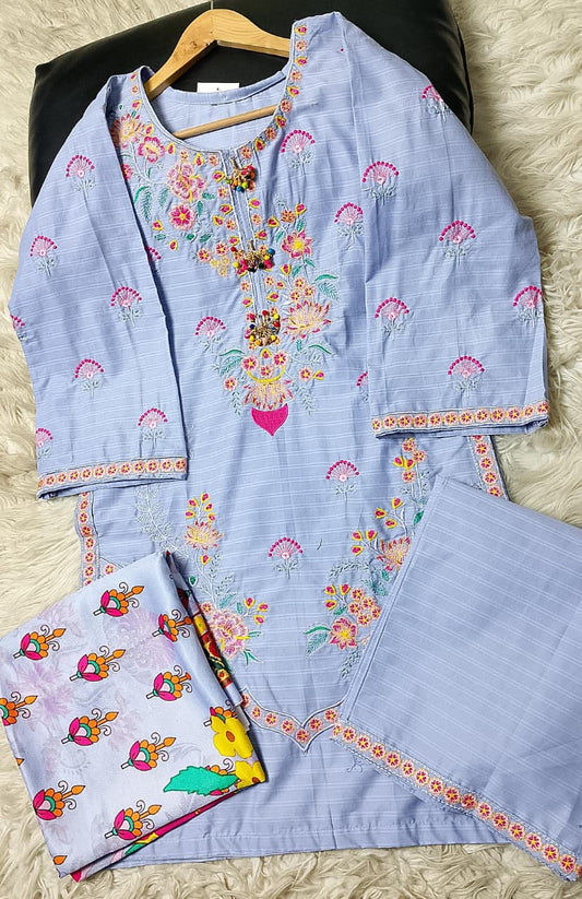 3 PIECE - EMBROIDERED COTTON SUIT WITH SHAWL