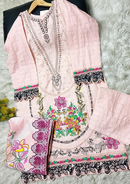3 PIECE - EMBROIDERED COTTON SUIT WITH SHAWL