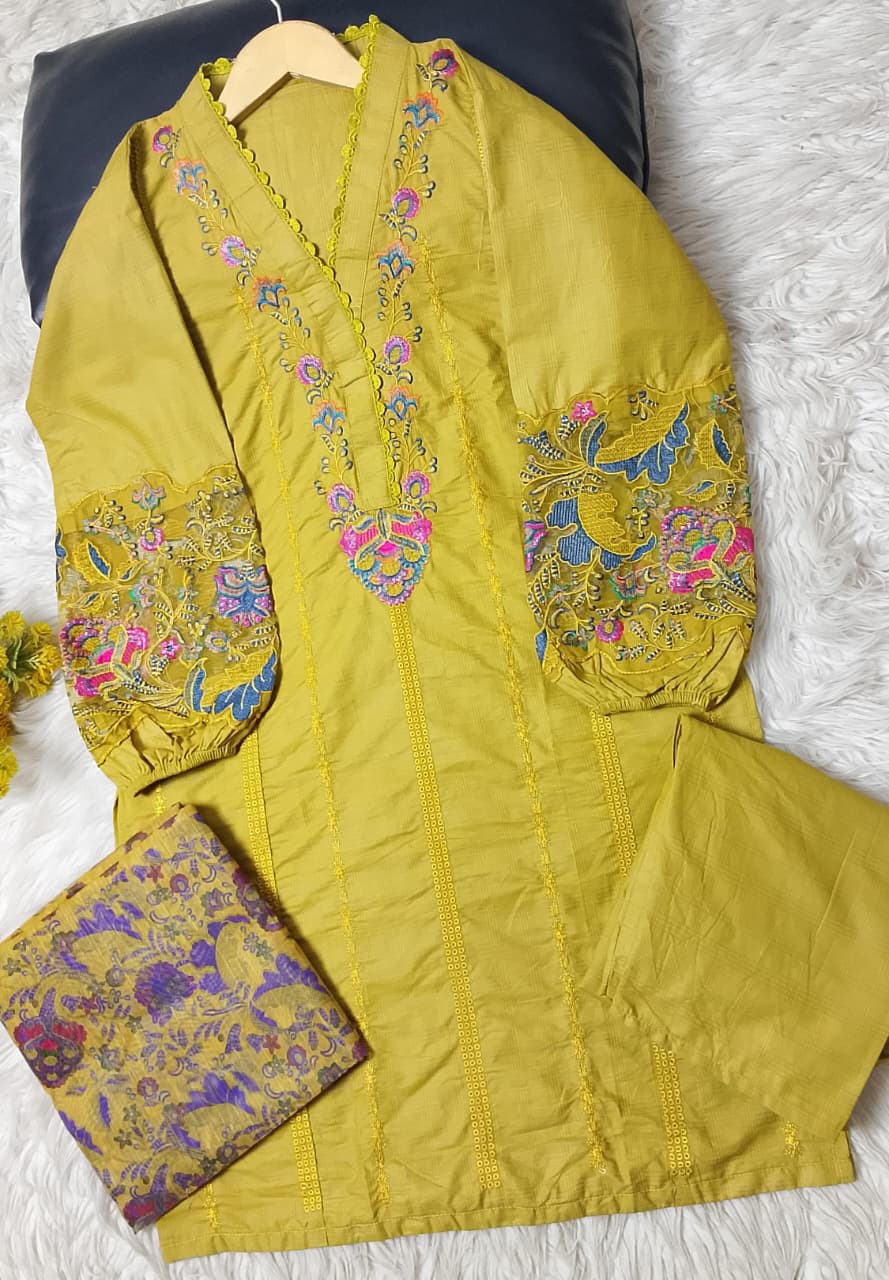 3 PIECE - EMBROIDERED COTTON SUIT WITH SHAWL