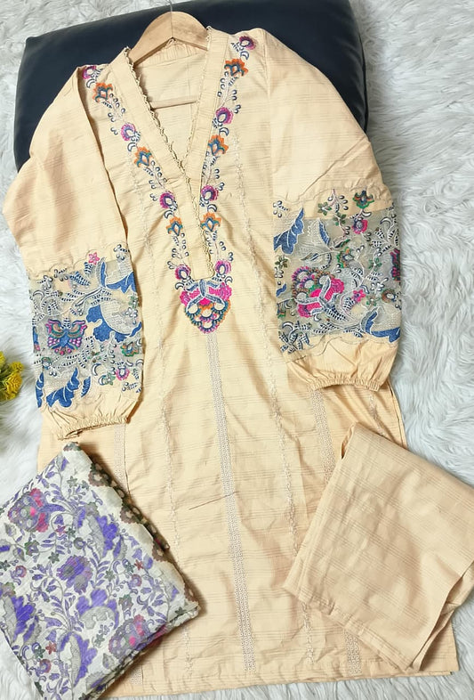 3 PIECE - EMBROIDERED COTTON SUIT WITH SHAWL