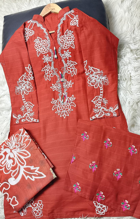 3 PIECE - EMBROIDERED COTTON SUIT WITH SHAWL