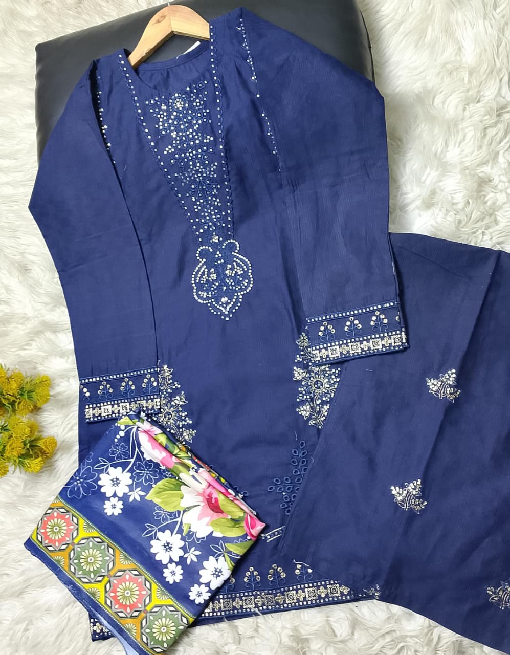 3 PIECE - EMBROIDERED COTTON SUIT WITH SHAWL