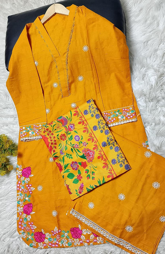 3 PIECE - EMBROIDERED COTTON SUIT WITH SHAWL