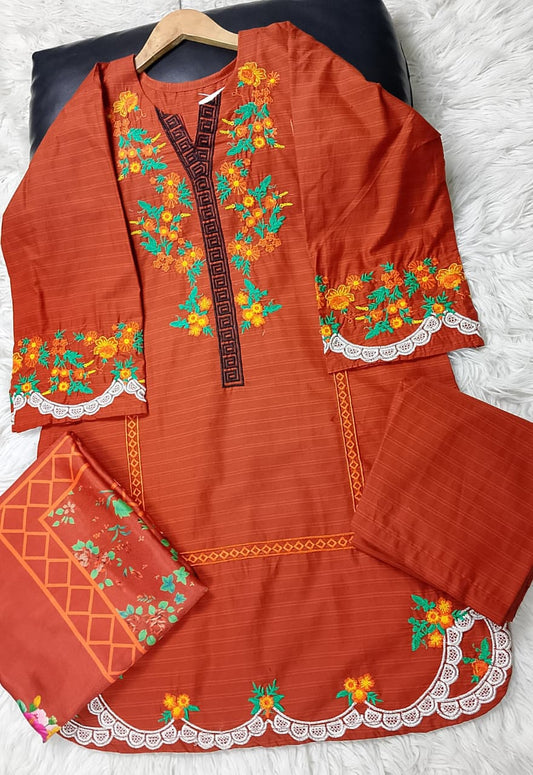 3 PIECE - EMBROIDERED COTTON SUIT WITH SHAWL
