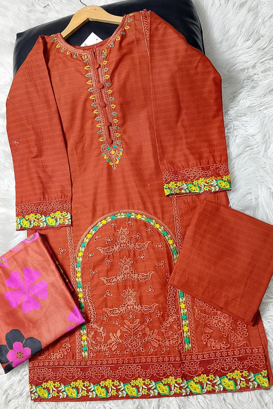 3 PIECE - EMBROIDERED COTTON SUIT WITH SHAWL