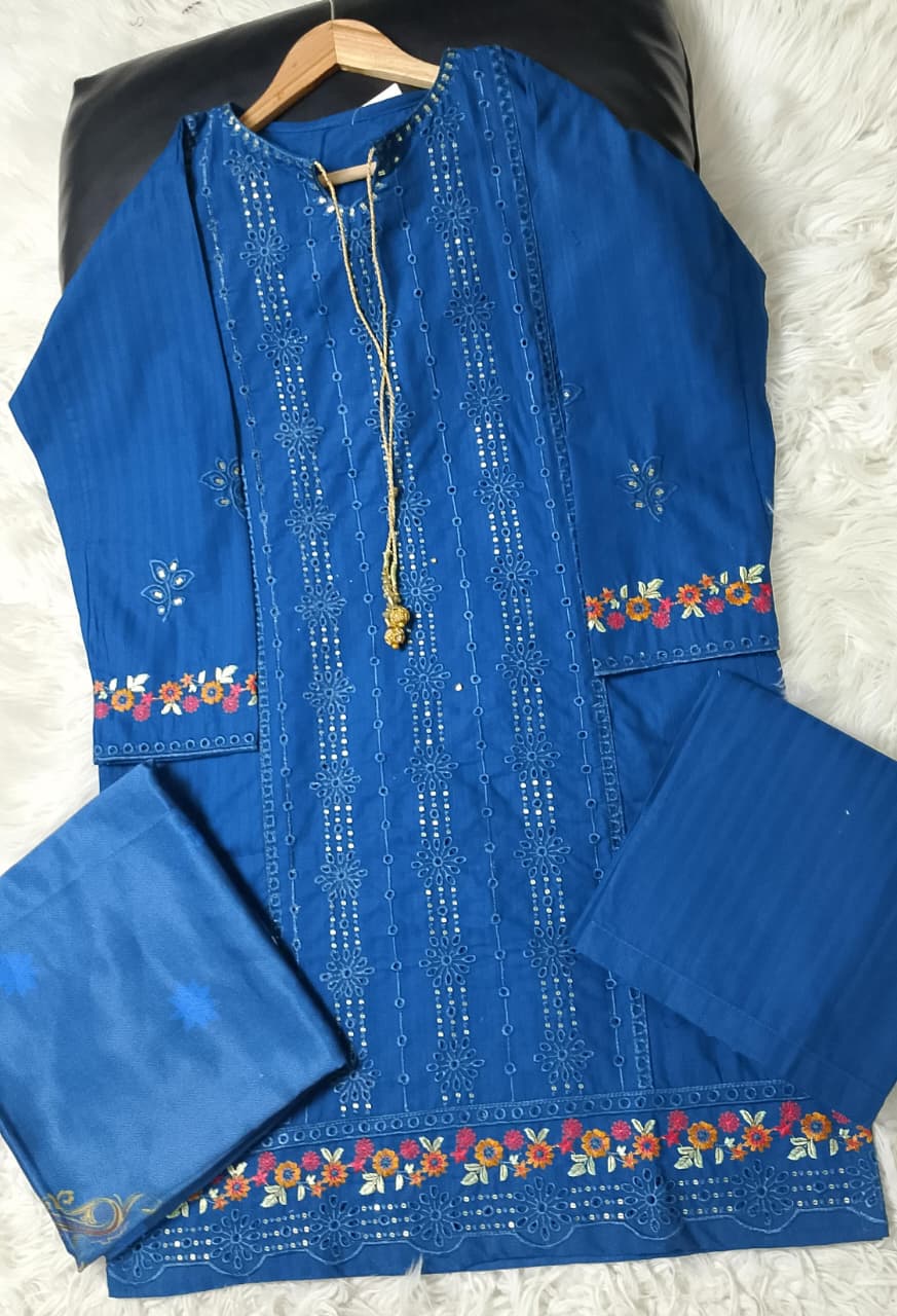3 PIECE - EMBROIDERED COTTON SUIT WITH SHAWL