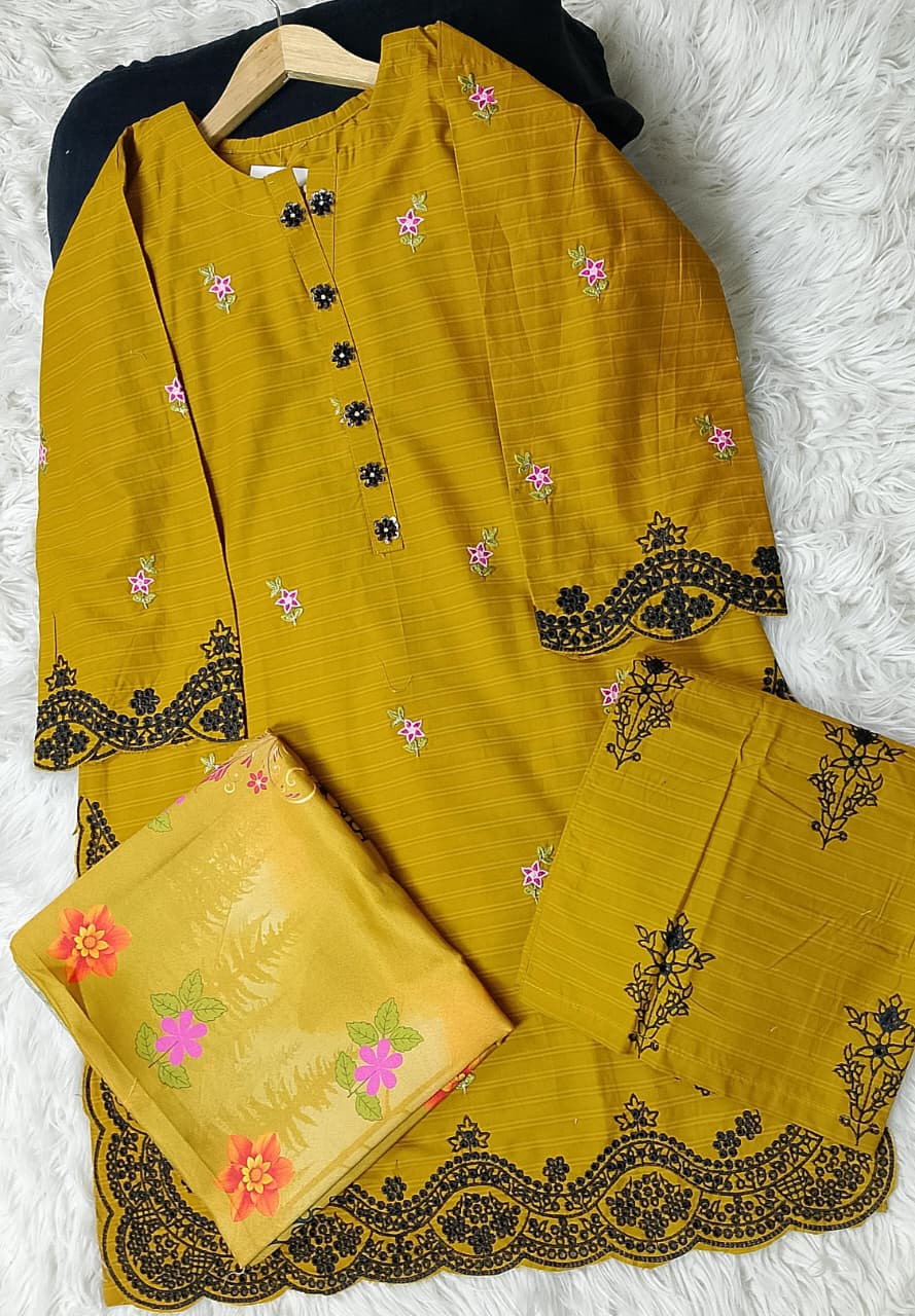 3 PIECE - EMBROIDERED COTTON SUIT WITH SHAWL