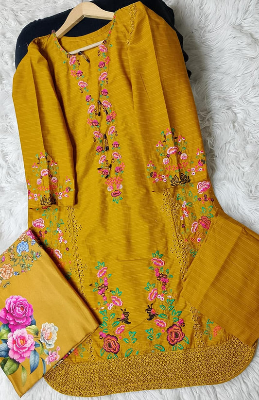 3 PIECE - EMBROIDERED COTTON SUIT WITH SHAWL