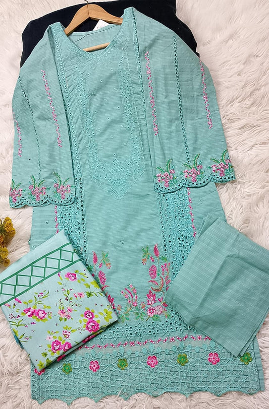 3 PIECE - EMBROIDERED COTTON SUIT WITH SHAWL