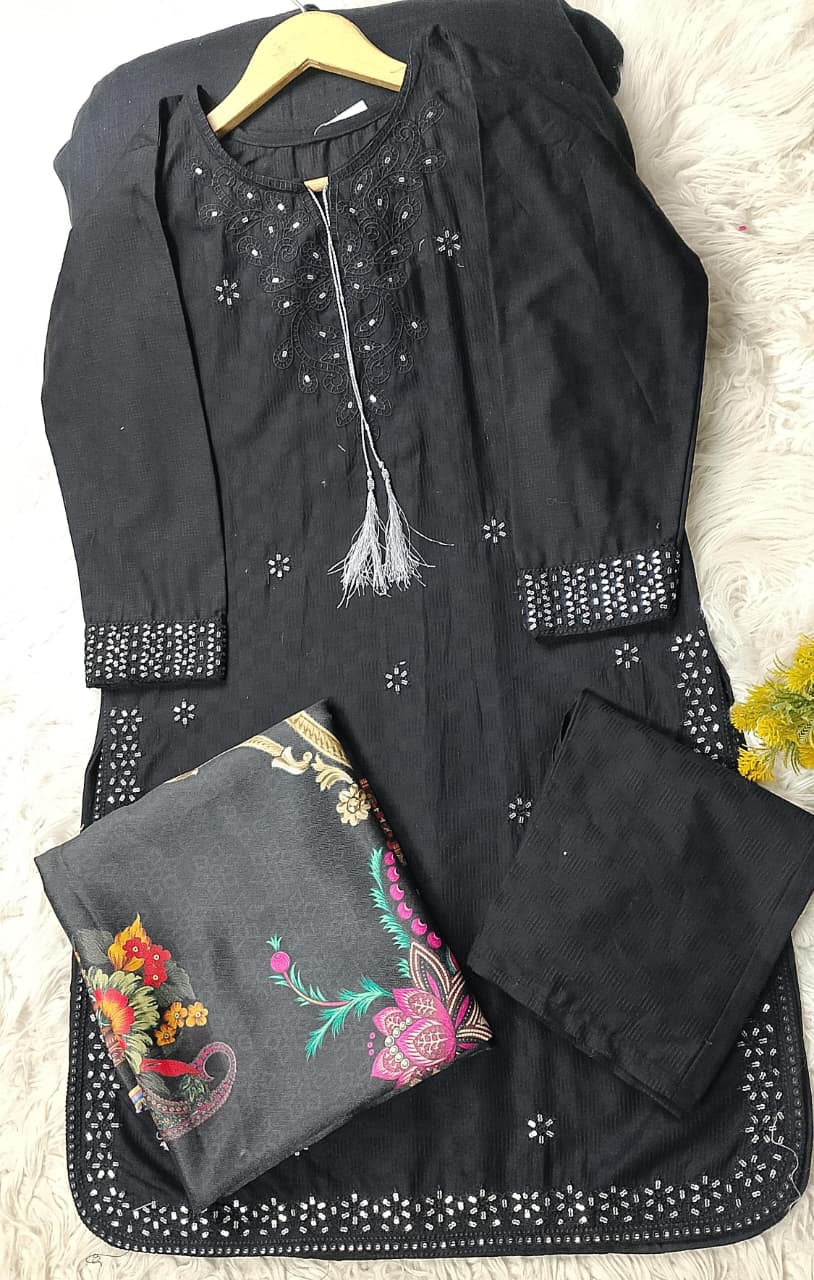3 PIECE - EMBROIDERED COTTON SUIT WITH SHAWL