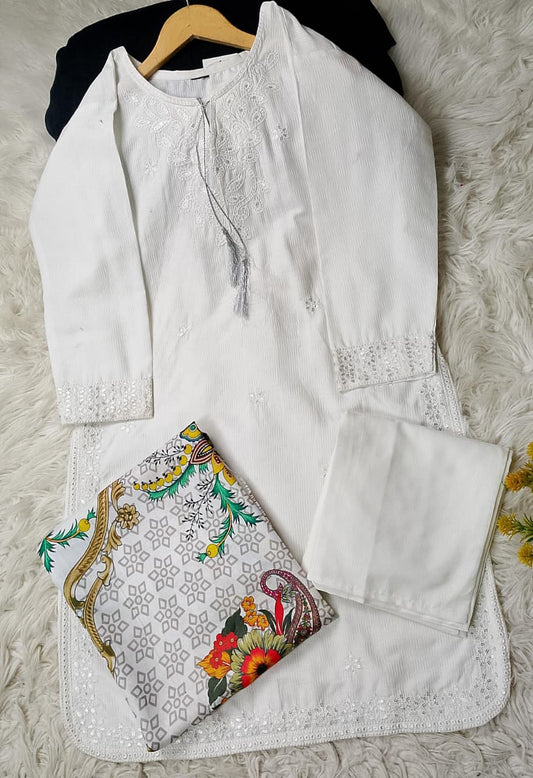 3 PIECE - EMBROIDERED COTTON SUIT WITH SHAWL