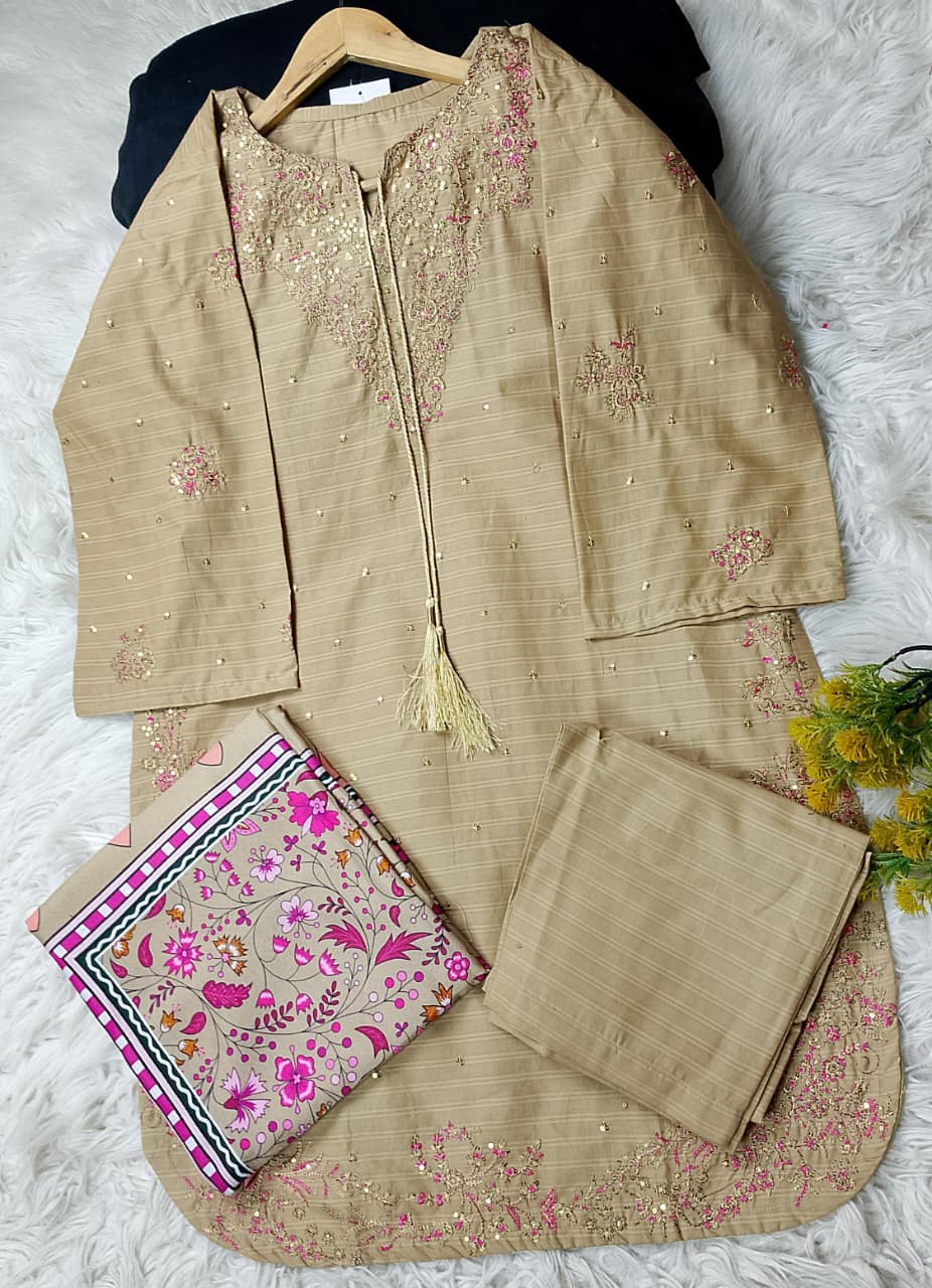 3 PIECE - EMBROIDERED COTTON SUIT WITH SHAWL