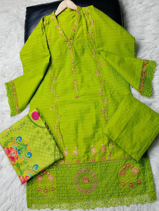 3 PIECE - EMBROIDERED COTTON SUIT WITH SHAWL