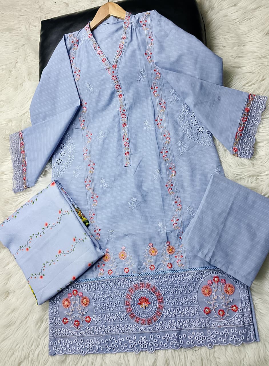 3 PIECE - EMBROIDERED COTTON SUIT WITH SHAWL