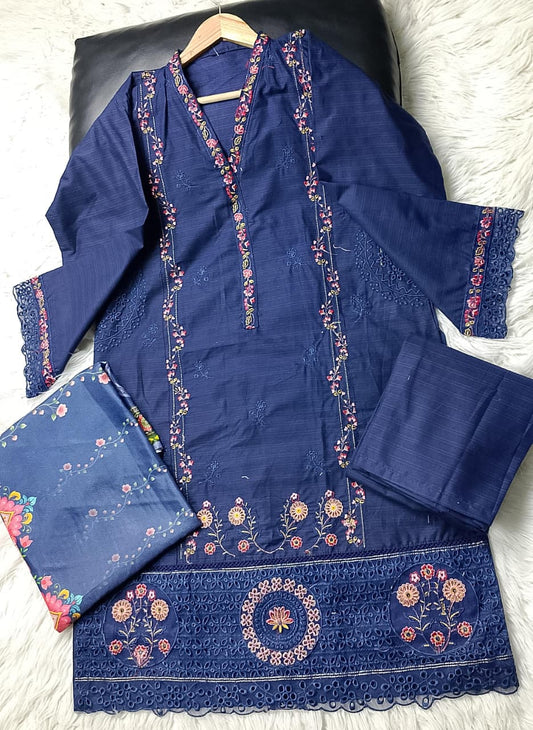 3 PIECE - EMBROIDERED COTTON SUIT WITH SHAWL