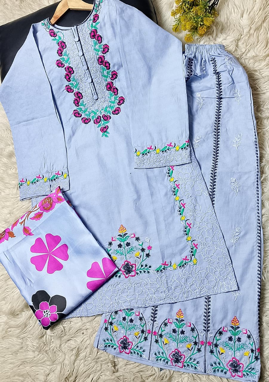 3 PIECE - EMBROIDERED COTTON SUIT WITH SHAWL