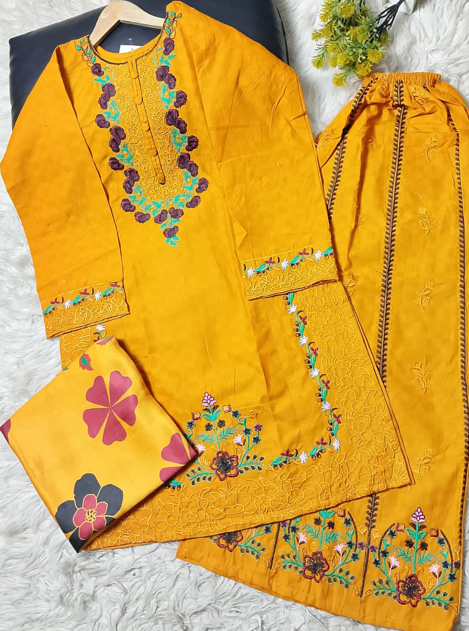 3 PIECE - EMBROIDERED COTTON SUIT WITH SHAWL