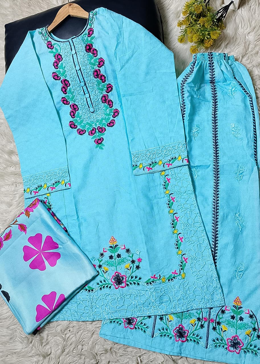 3 PIECE - EMBROIDERED COTTON SUIT WITH SHAWL