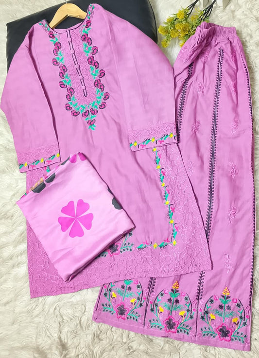 3 PIECE - EMBROIDERED COTTON SUIT WITH SHAWL