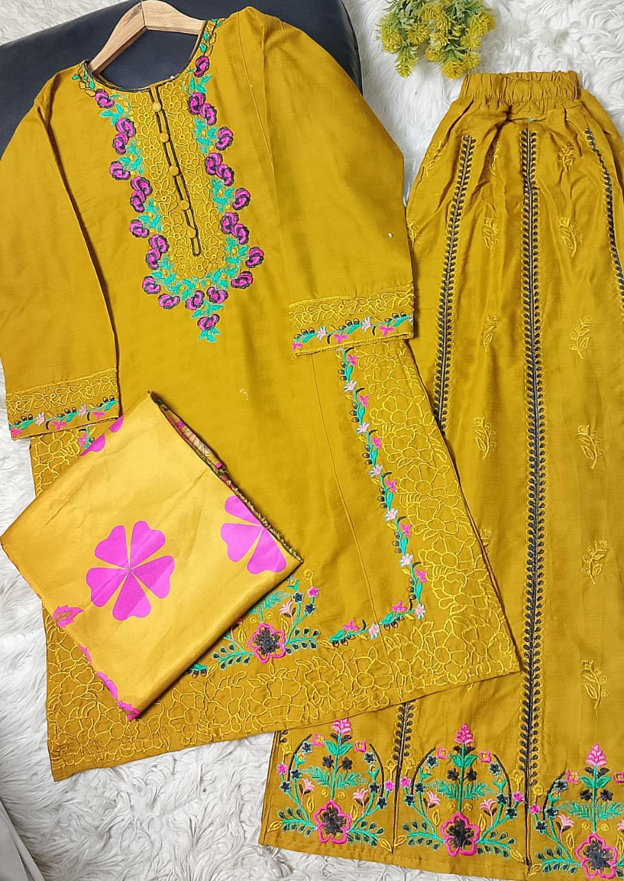 3 PIECE - EMBROIDERED COTTON SUIT WITH SHAWL