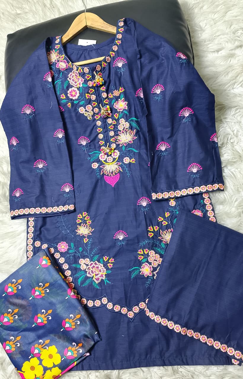 3 PIECE - EMBROIDERED COTTON SUIT WITH SHAWL