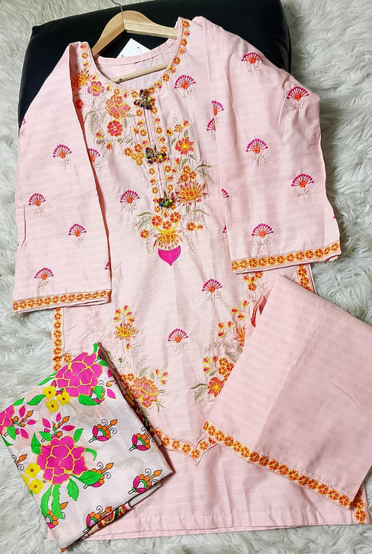 3 PIECE - EMBROIDERED COTTON SUIT WITH SHAWL