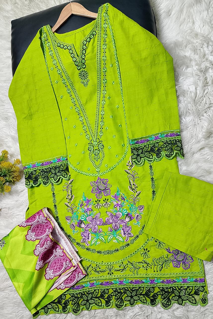 3 PIECE - EMBROIDERED COTTON SUIT WITH SHAWL