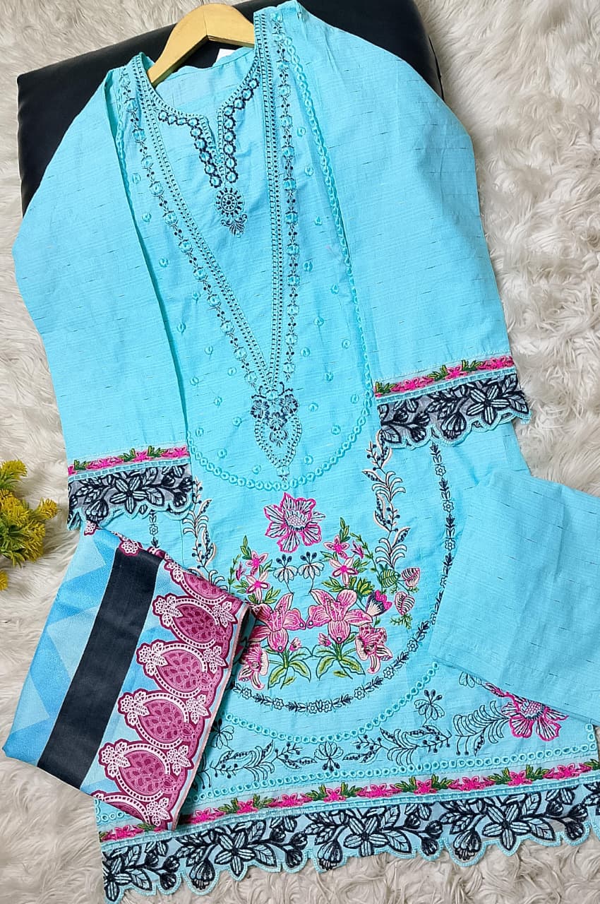 3 PIECE - EMBROIDERED COTTON SUIT WITH SHAWL
