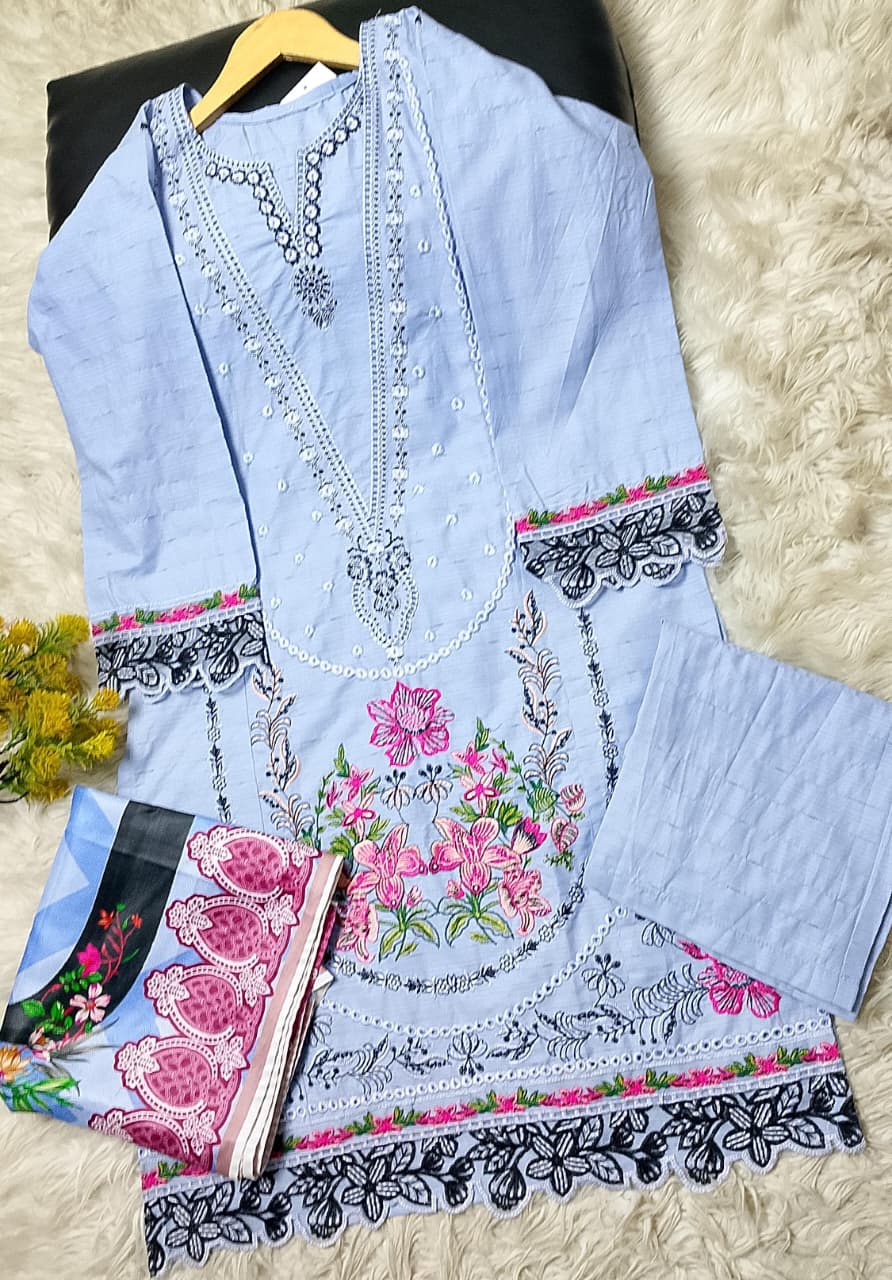 3 PIECE - EMBROIDERED COTTON SUIT WITH SHAWL