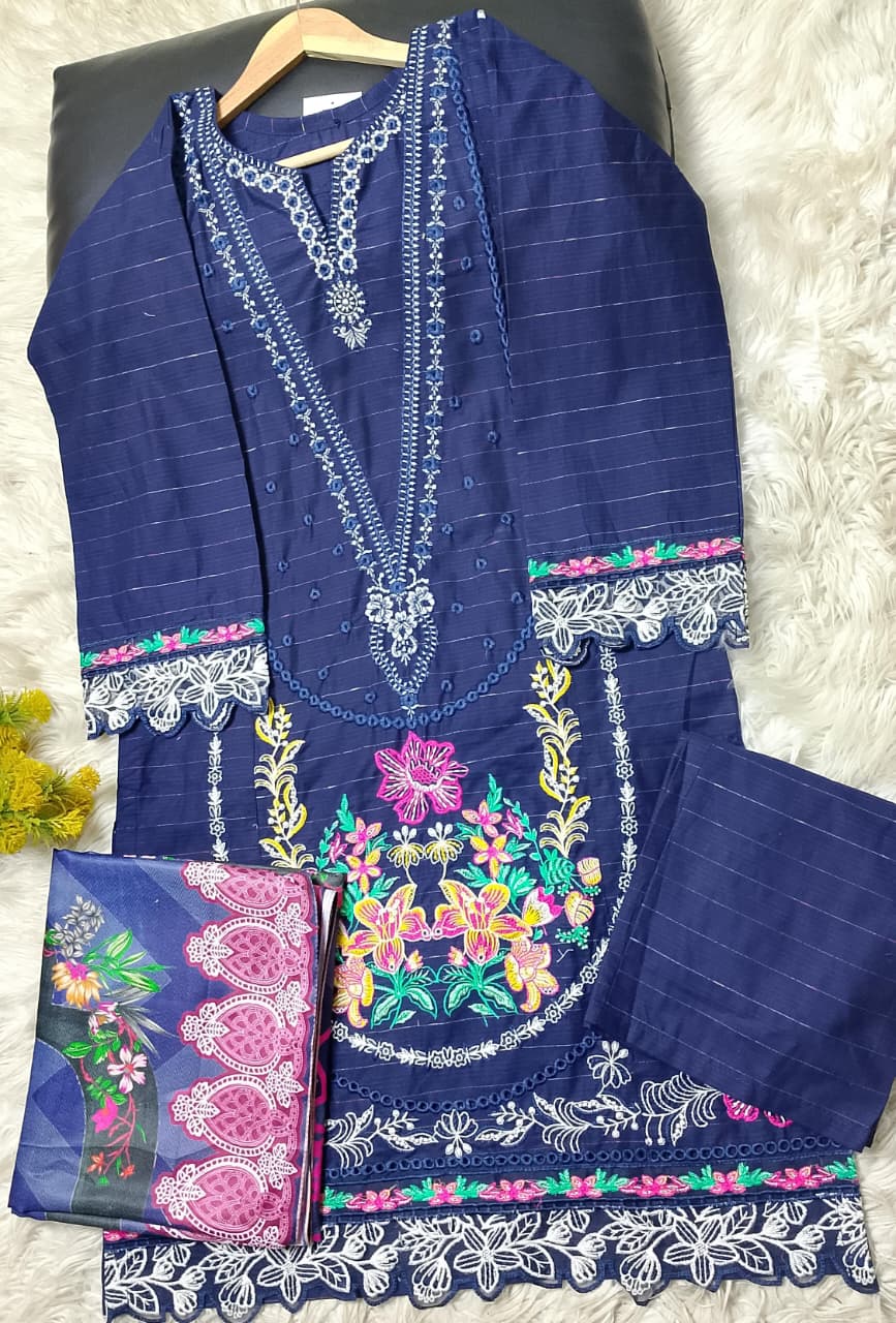 3 PIECE - EMBROIDERED COTTON SUIT WITH SHAWL