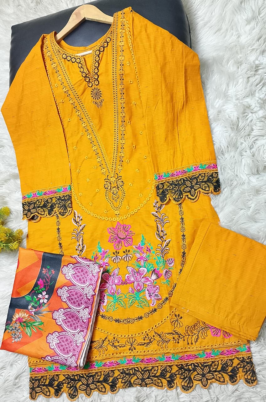 3 PIECE - EMBROIDERED COTTON SUIT WITH SHAWL