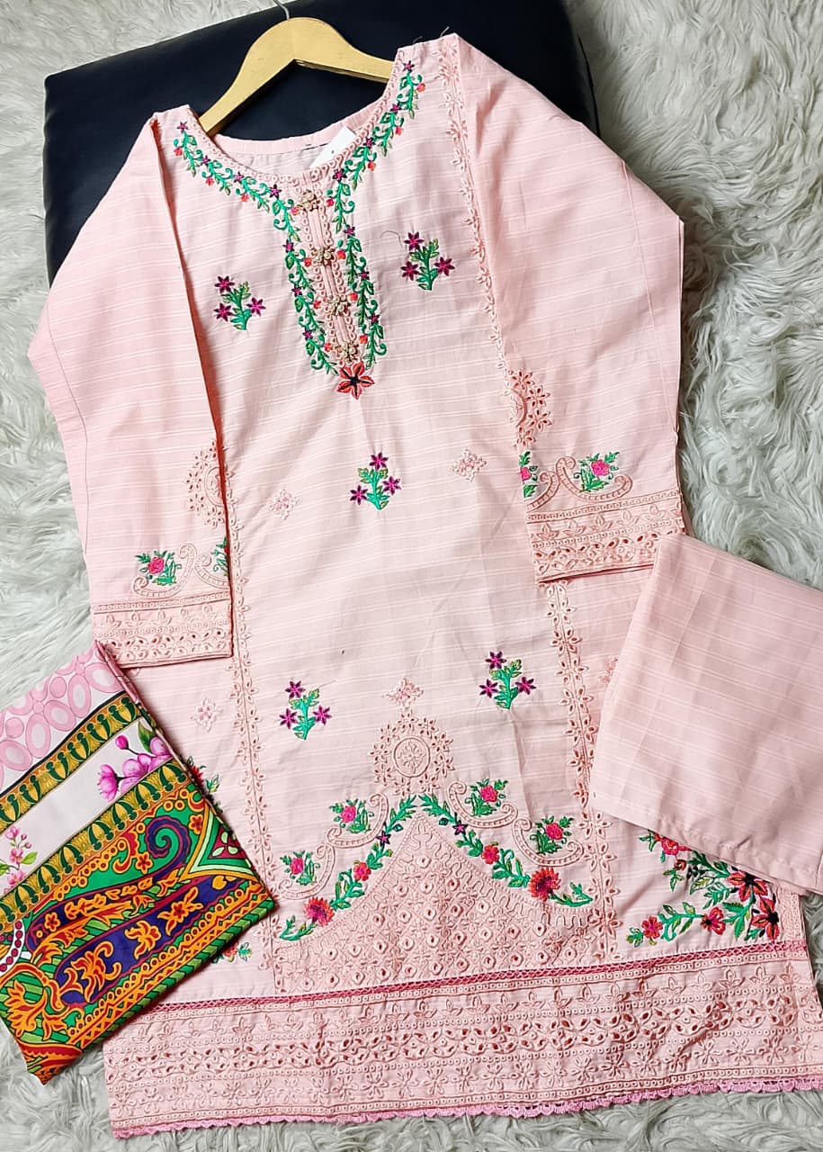 3 PIECE - EMBROIDERED COTTON SUIT WITH SHAWL