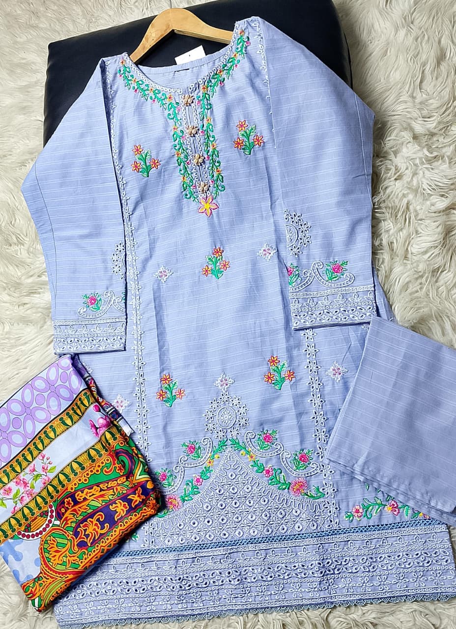 3 PIECE - EMBROIDERED COTTON SUIT WITH SHAWL