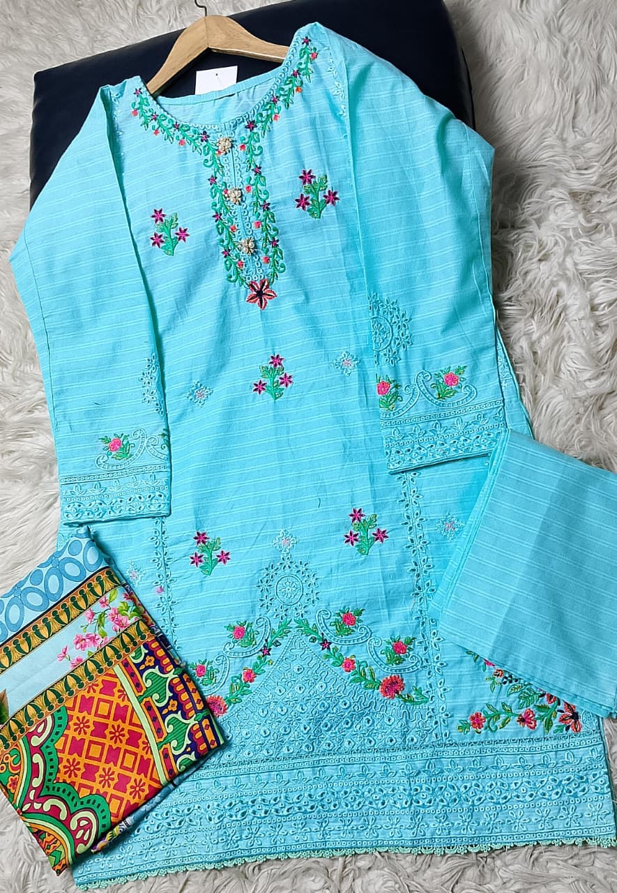 3 PIECE - EMBROIDERED COTTON SUIT WITH SHAWL