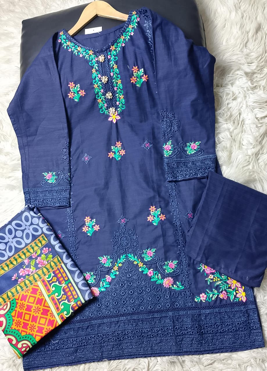 3 PIECE - EMBROIDERED COTTON SUIT WITH SHAWL