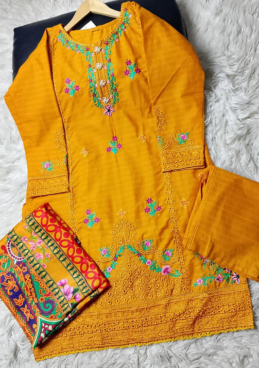 3 PIECE - EMBROIDERED COTTON SUIT WITH SHAWL