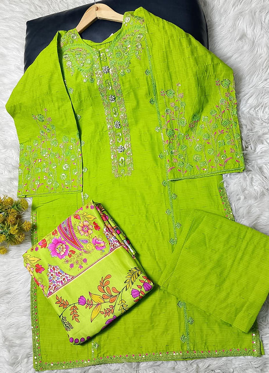 3 PIECE - EMBROIDERED COTTON SUIT WITH SHAWL