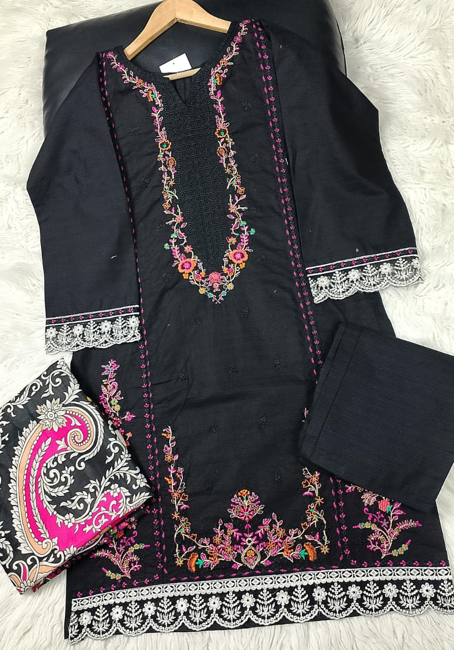 3 PIECE - EMBROIDERED COTTON SUIT WITH SHAWL