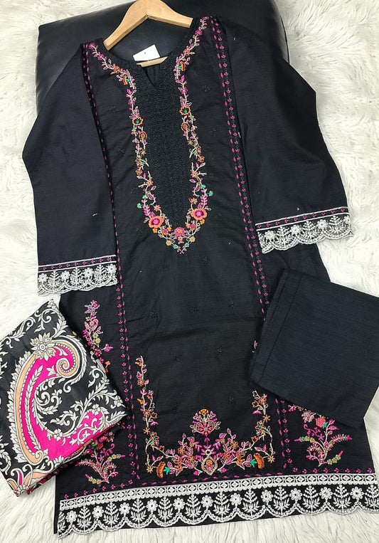 3 PIECE - EMBROIDERED COTTON SUIT WITH SHAWL