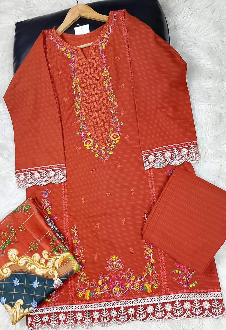 3 PIECE - EMBROIDERED COTTON SUIT WITH SHAWL