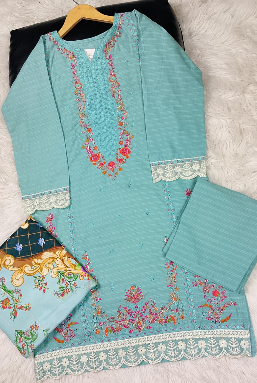 3 PIECE - EMBROIDERED COTTON SUIT WITH SHAWL