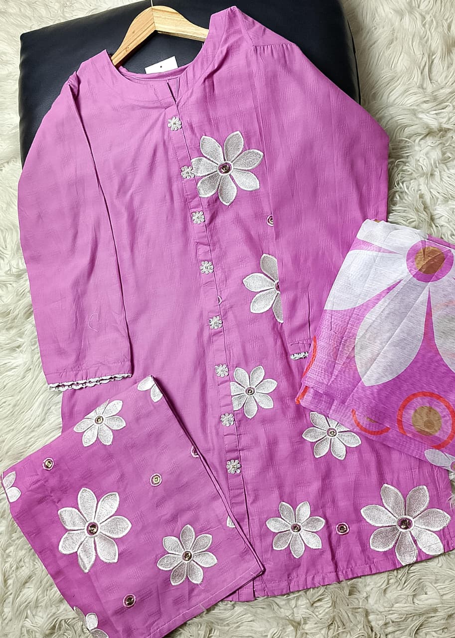 3 PIECE - EMBROIDERED COTTON SUIT WITH SHAWL