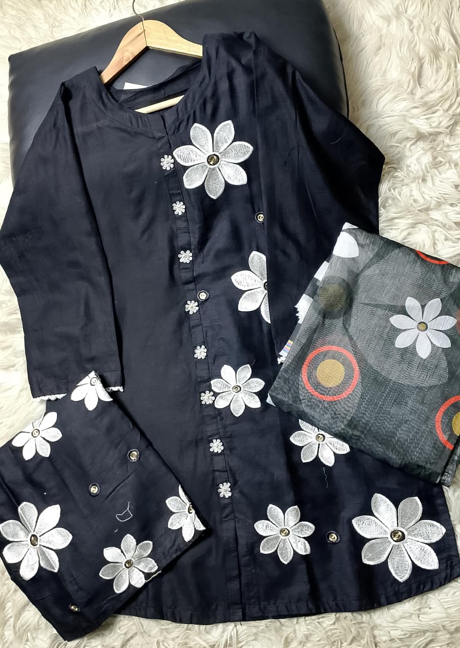 3 PIECE - EMBROIDERED COTTON SUIT WITH SHAWL