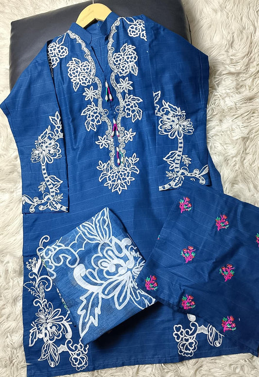 3 PIECE - EMBROIDERED COTTON SUIT WITH SHAWL