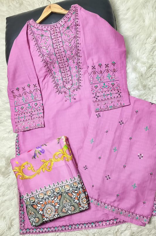 3 PIECE - EMBROIDERED COTTON SUIT WITH SHAWL