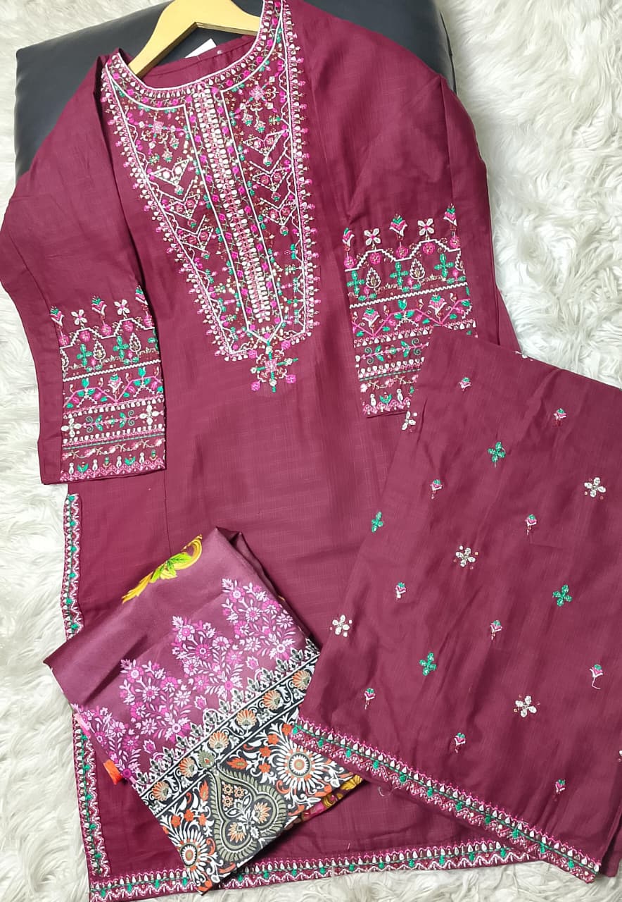 3 PIECE - EMBROIDERED COTTON SUIT WITH SHAWL
