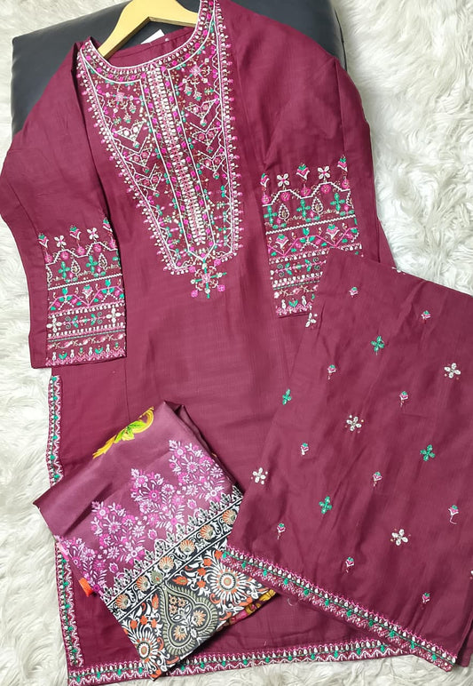 3 PIECE - EMBROIDERED COTTON SUIT WITH SHAWL